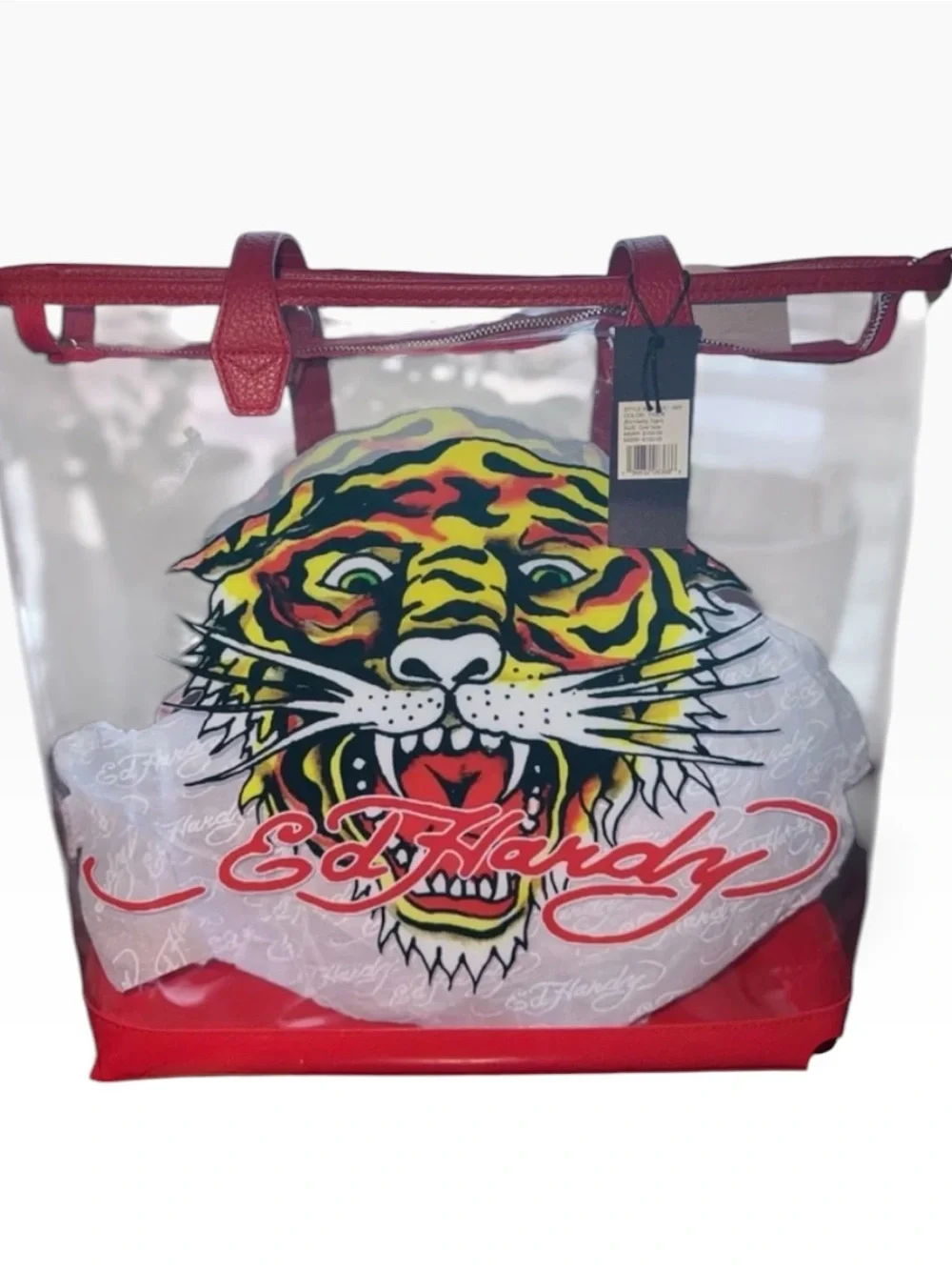 NWT Ed Hardy Clear Tiger Tattoo PVC Tote Bag See-Through Red Beach Concert F8768